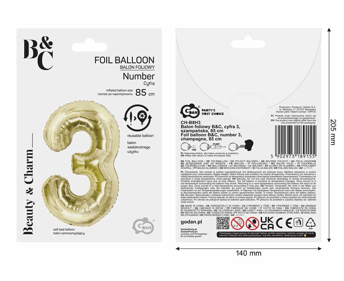 Foil balloon B&C, number 3, champagne, 85 cm